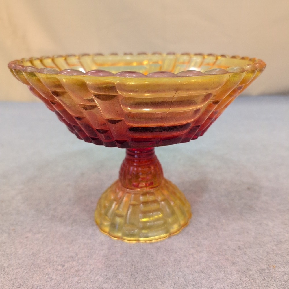 Vintage Amberina Glass Basketweave Compote Footed Candy Dish Red Yellow Scallop - Picture 1 of 7